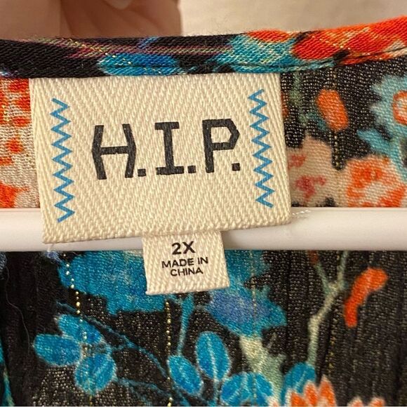 H.I.P. Black colorful bright floral flower semi sheer boho artsy peasant 2X - Picture 10 of 10